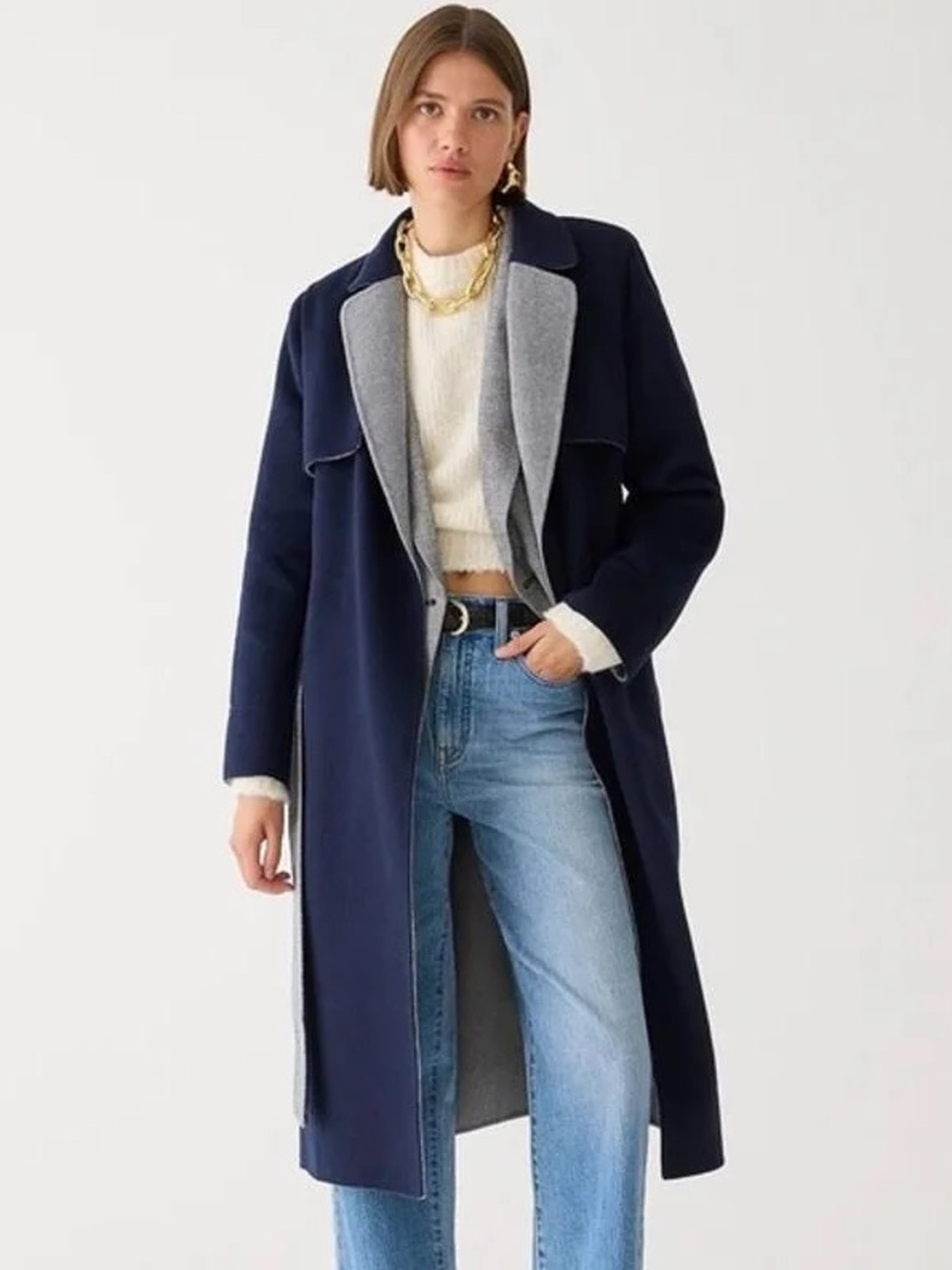 J. Crew Harriet Wool Blend Navy Trench Coat with Gray Lining (M)